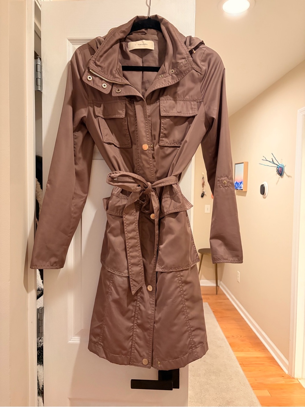 T Tahari Taupe Hooded Trench Coat with Tie Belt